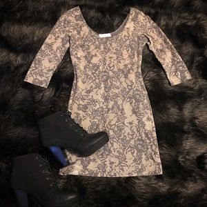 Beige and taupe lace print bodycon mini dress